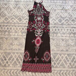 INC International Concepts Maxi Dress Large Beaded Paisley Brown Pink White Boho
